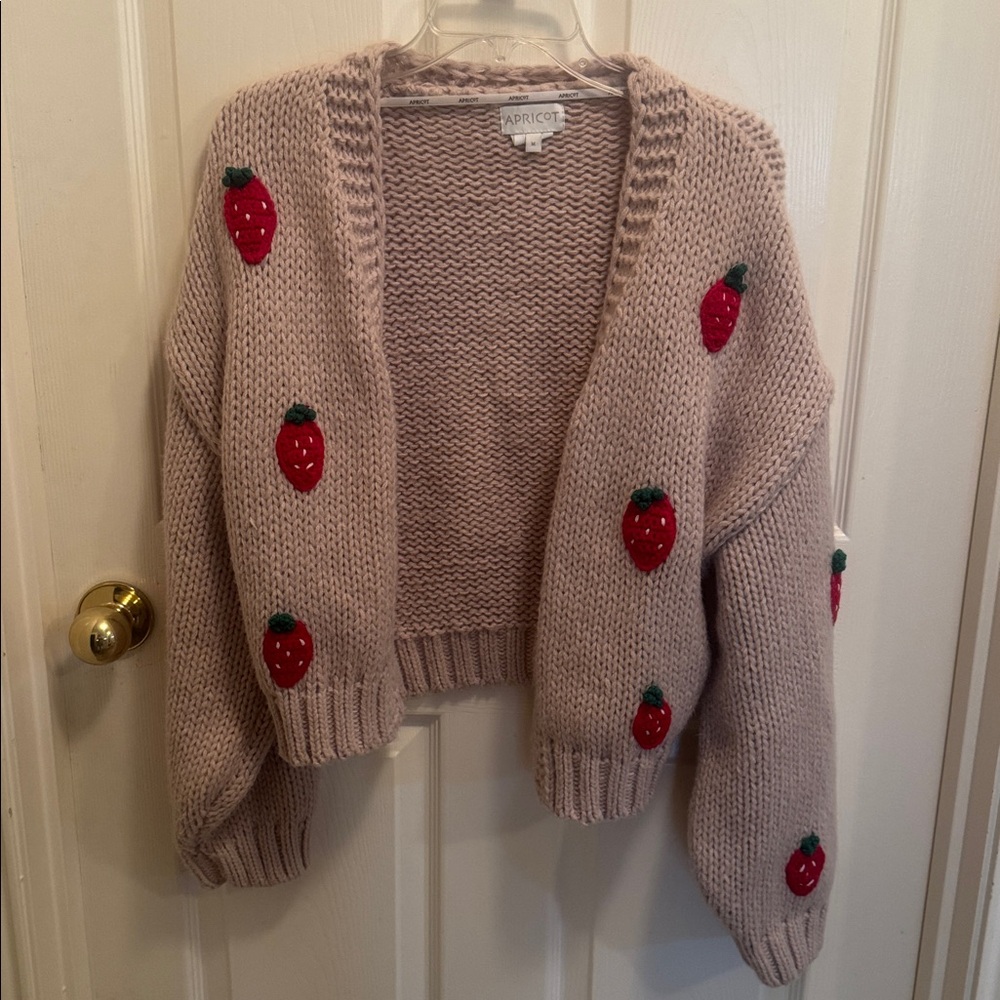 APRICOT Beige Cardigan with Red Strawberry Accents